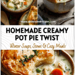 Homemade chicken pot pie soup without canned soup served in rustic bowls with fresh herbs.